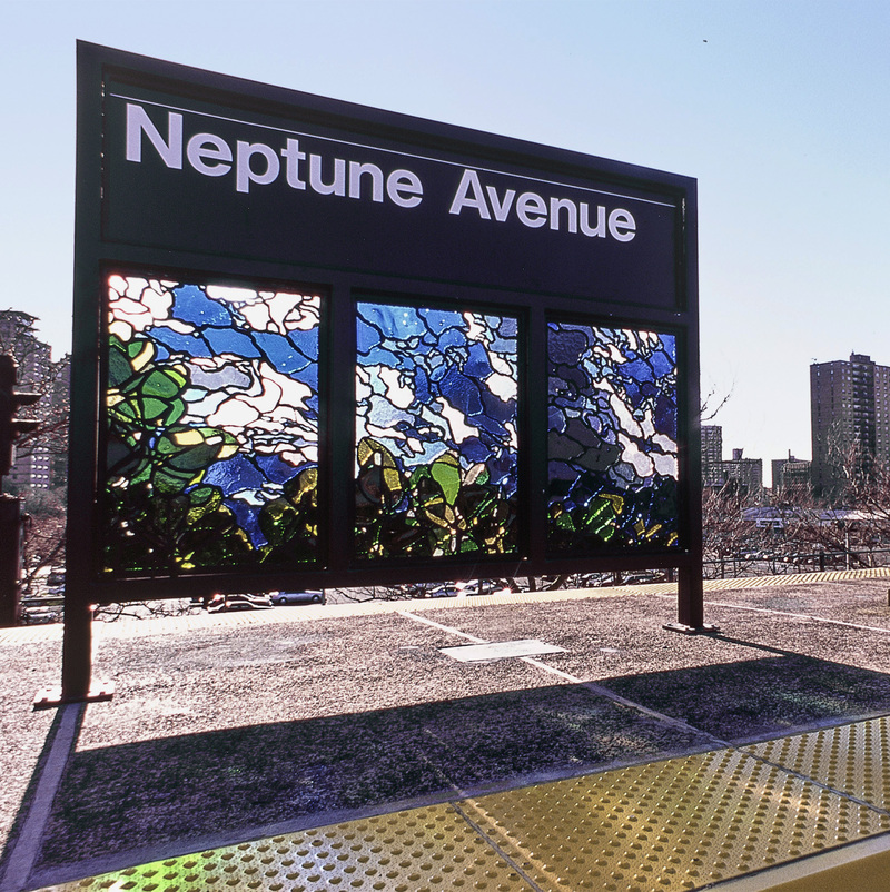 Looking Up, 2004, beveled glass, steel,12 panels, each 43 X 30 in, Neptune Avenue Subway Station, Brooklyn, NY