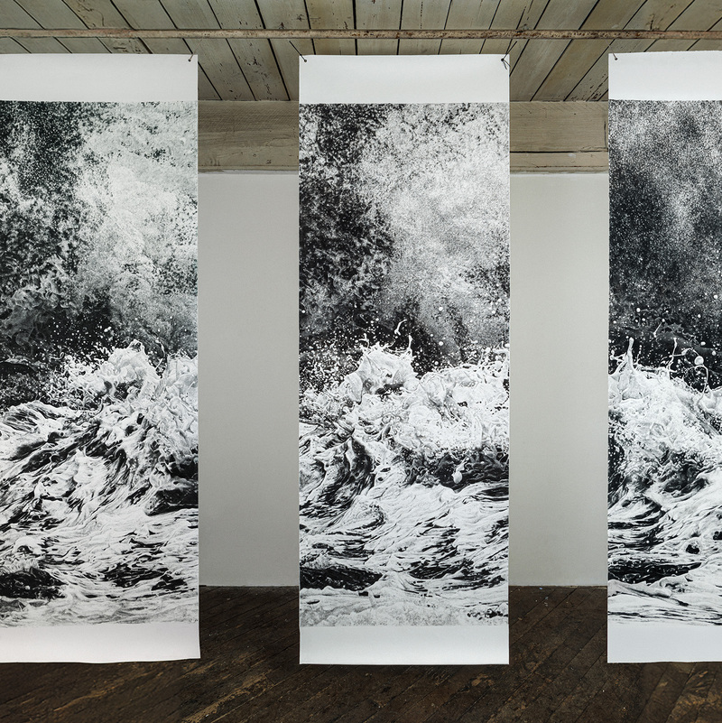 Gale Warning (triptych), 2024, each panel 90" X 36", charcoal on paper