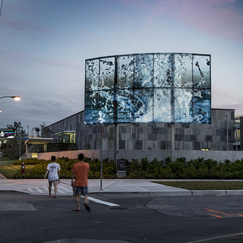 Splash-Guildford, 2015, digital print on glass, galvanized steel, ceramic halide lamps, installation size: c. 28 by 32 ft,  Guildford Recreational Centre, Surrey, Canada