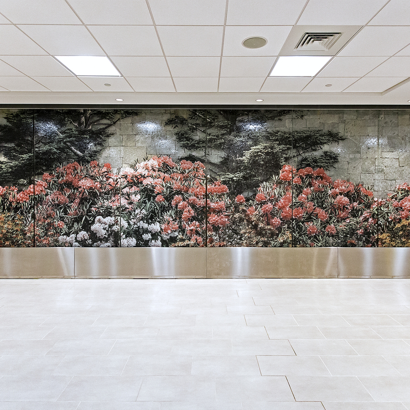 Souvenir of a Mountain Garden, 2016, ceramic frit on glass, water wall, stone veneer, 8’ X 30’ X 4", Greenville-Spartanburg Airport